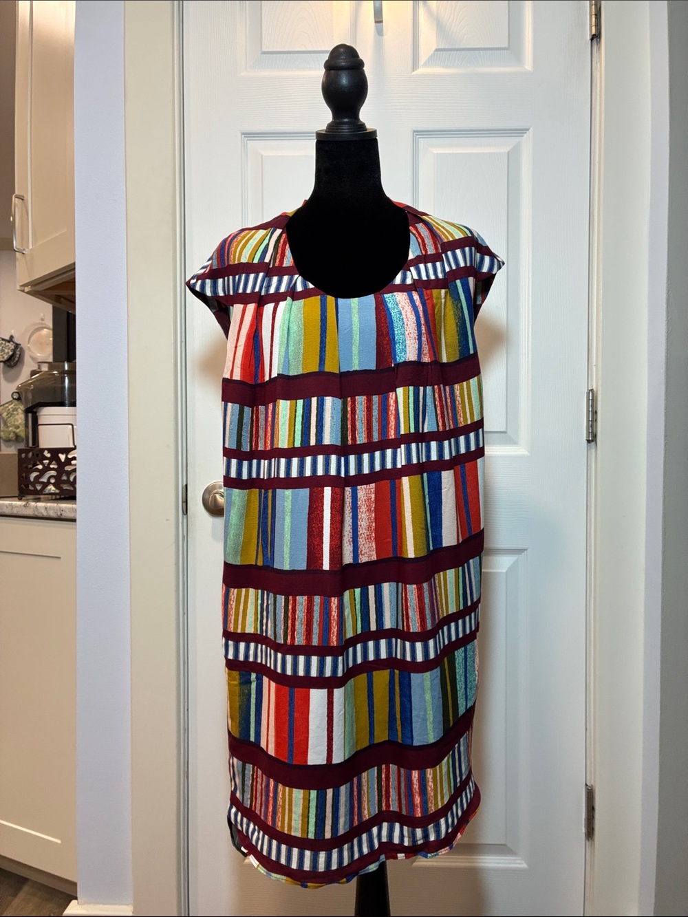 Anthropologie Multicolor Striped Midi Dress with Burgundy Bands